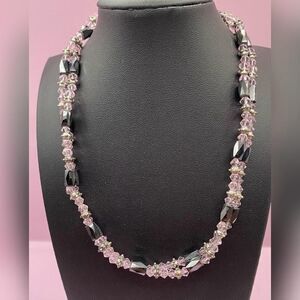 Pink Black Beaded Necklace Faceted Glass Crystal Silver Tone Beads Magnetic 30”